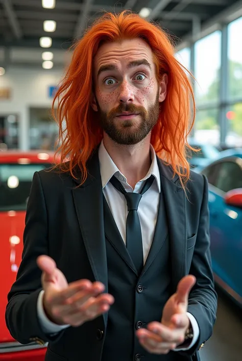 A man with pimples and long red hair as a car salesman 