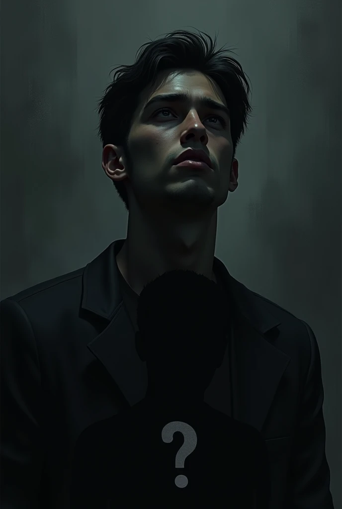 
I want you to create a dark template to create the characters with those roles.. First, the background should be dark in color. Then put a 20-year-old guy with a bitter face and a gloomy look. Or just a black silhouette with a question mark on its face. 