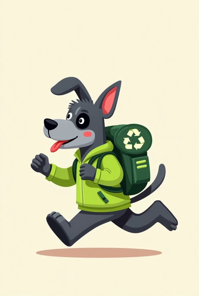 Create an AI image of a Scottish terrier and Schnauzer mix puppy with a gray color and one eye with a black spot, he is wearing green clothes and carrying a backpack with a recycling symbol on his back, and he is running high quality image vector style Car...