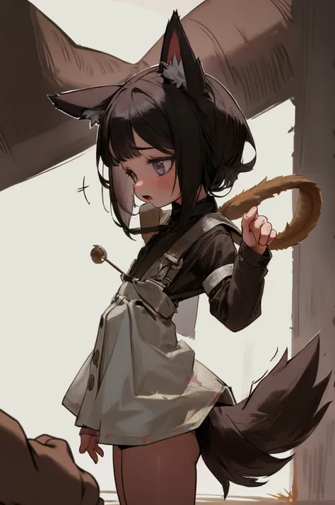 Very small  girl, abandoned, fearfully, with dog ears and dog tail