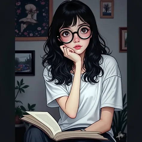 Create an image , 1 girl with long black hair , round glasses , This one is thinking of a plot , romantic , cute and funny Focus : do not lose the original features of the photo Focus : 80s vibe / 90 