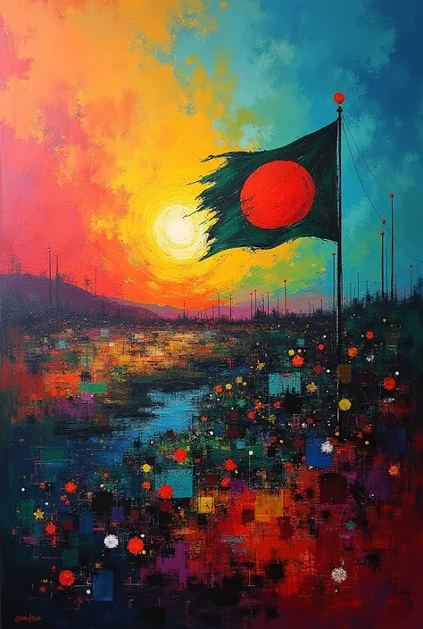 Make a easy abstract painting about bangladeshi freedom movement 2024 without man bangladeshi flag