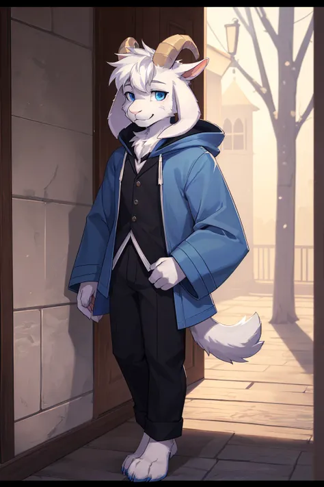 1boy, teenager, innocent, alone, Asriel, Undertale (Asriel Dreemurr), smile, 1Eskimo coat (blue coat, no drawing), tall, hairy, anthropomorphic, blue eyes (black blouse, black pants), goats paw, paw with pastern((short tail, anthropomorphic tail, short tai...