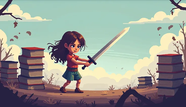 Lofi girl with sword as pixel pencil. fighting evil pixel books. 1990&#39;s style of play