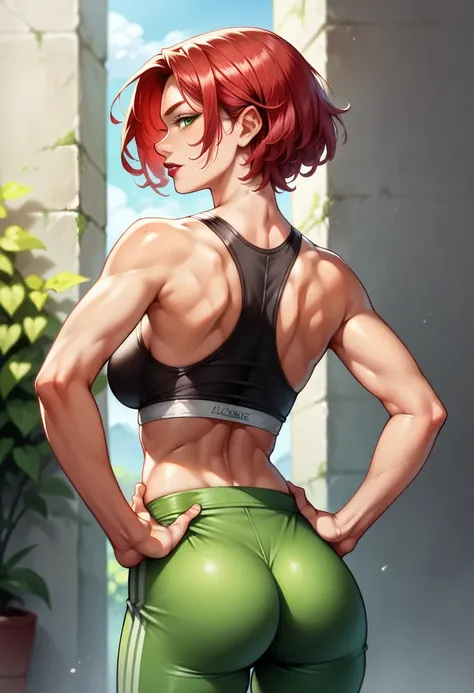 (high-level image quality), (high quality), (high resolution), (detailed), (masterpiece), beautiful young woman, ((caucasian)), green eyes, red hair, short hair, dark red lipstick, sports top, back view, hands on hips