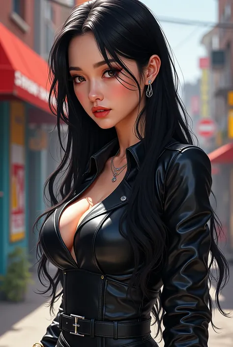 anime girl with long black hair and a leather top, portrait jisoo blackpink, urban girl fanart, high quality colored sketch, in the art style of bowater, portrait of jossi of blackpink, portrait of tifa lockhart, seductive tifa lockhart portrait, by Yang J...