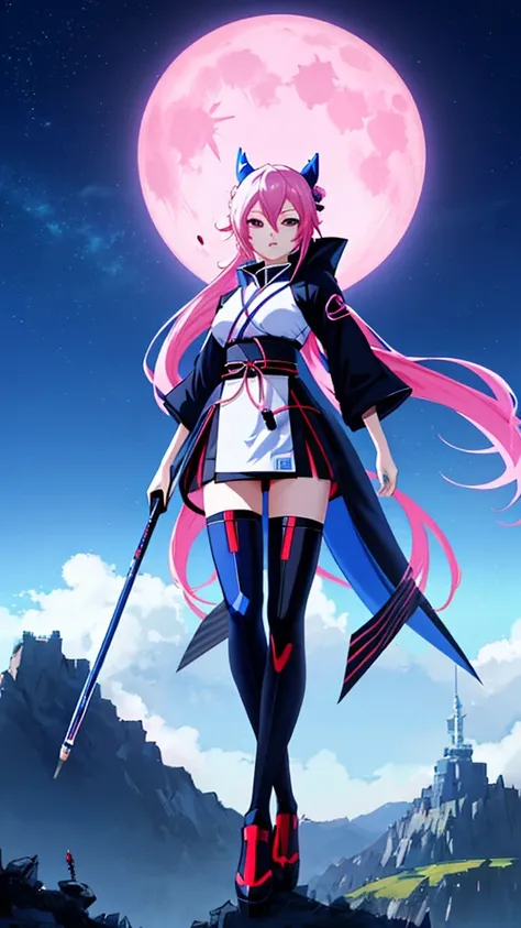 painting of a female cyberninja standing on a hill with a full moon in the background, concept art wallpaper 4k, background artwork, a beautiful artwork illustration, anime art wallpaper 4 k, anime art wallpaper 4k, onmyoji detailed art, anime art wallpape...