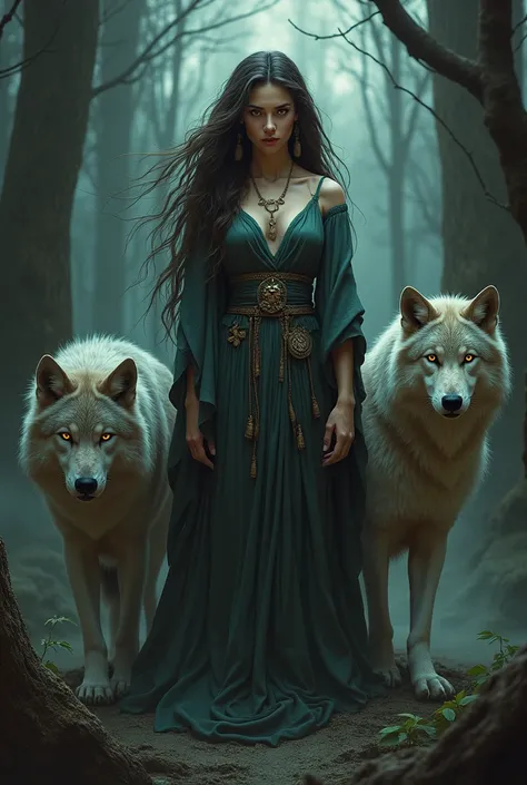 an image of a woman with wolves in front of a tree and a dark background, hecate goddess, hecate, white witch, norse goddess, wolves, portrait of a norse moon goddess, wolfgirl, goddess of the hunt and the moon, dark fantasy style art, druid goddess, femal...