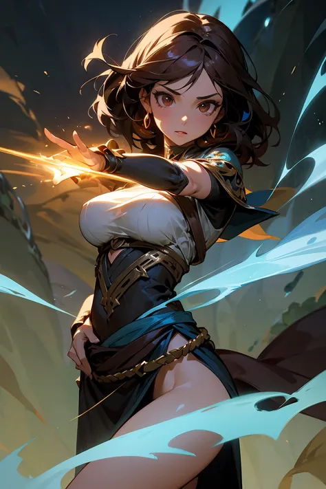 Illustrate a female D&D character with a Latino background. She has big boobs, long, dark hair and deep brown eyes, giving her a striking, captivating appearance. Her expression is confident and determined, reflecting her strength. Her outfit blends fantas...