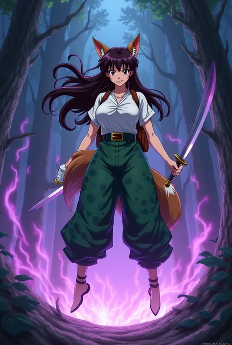 Screenshot Inuyasha female with big breasts white shirt green baggy pants with darker green spots in jaguar pattern levitating in a night forest with purple fire around her, with a brown backpack and a white bottle, brown hair with ears and a furry fox tai...