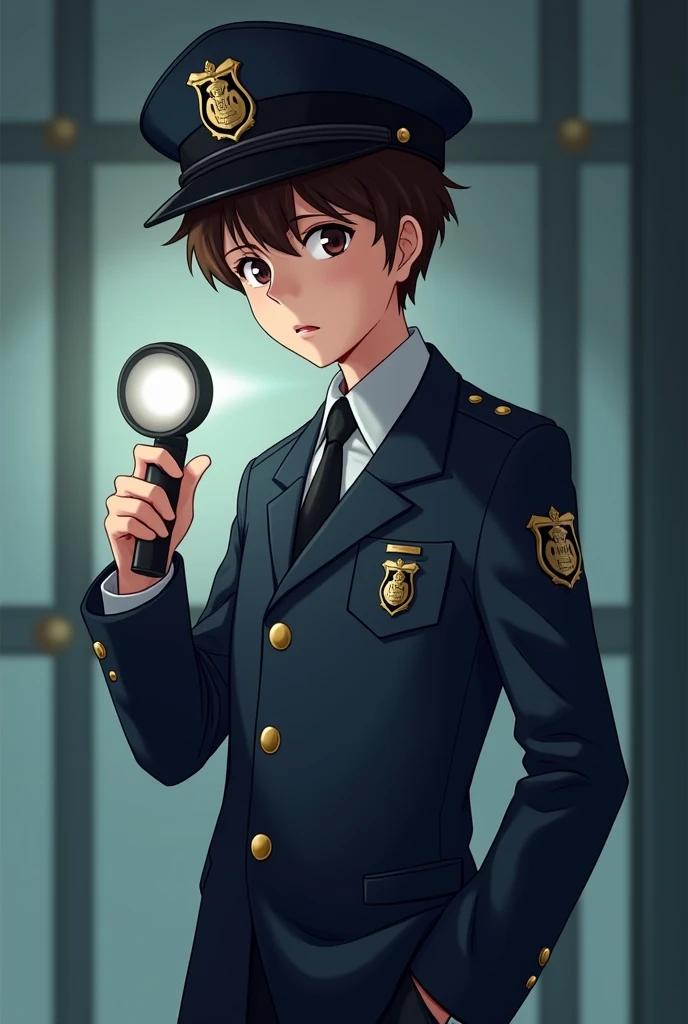 create a criminal expert boy, with very short curly hair, eyes browns, white and tall, he will have a cap and a flashlight and a police uniform