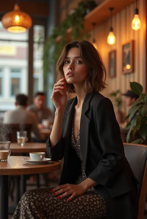 same model sitting in a cafe