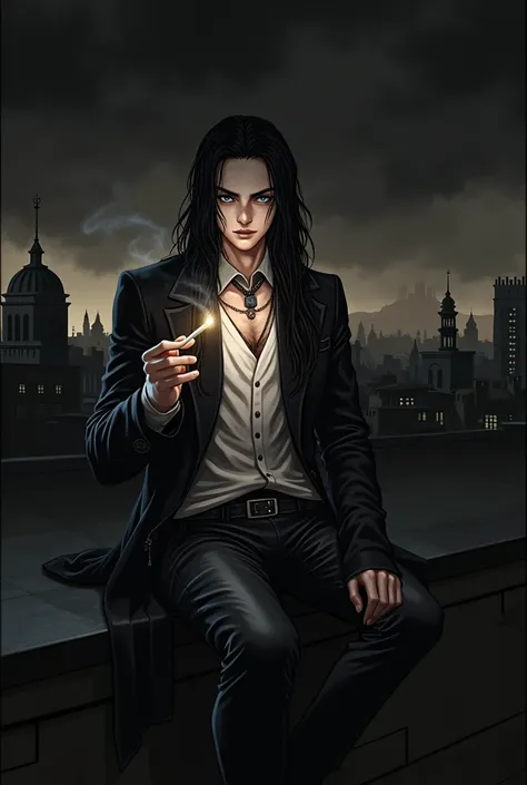 A sexy male with teal blue eyes and long black hair, with a nice and delicate facial features, dressed in gothic clothes, his skin is pale and white, hes smoking a cigarette while sitting the edge of the rooftop. He is looking unhappy. (Male) (Black and wh...