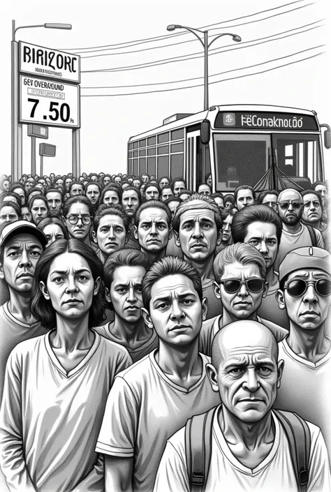 pen drawing of cariocas in a bus queue in the Gávea neighborhood, no Rio de Janeiro, waiting 1 hour for a crowded minibus, with people squeezed and in agony in the window that says: Rio R Subway$7,50. 