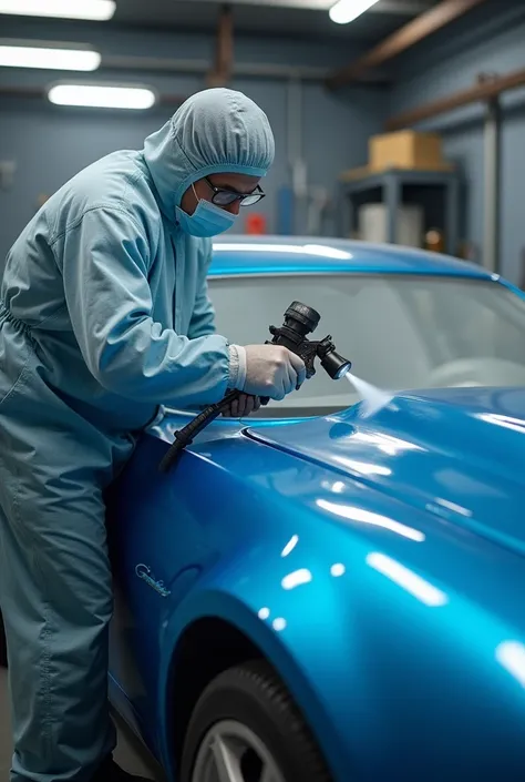 Automotive painter painting blue car