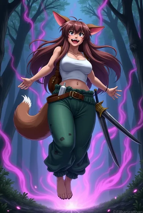 Screenshot of Inuyasha woman with very exaggeratedly large breasts wearing a white shirt and green baggy pants with darker green spots in a jaguar pattern levitating in a night forest with purple fire around her, with a brown backpack and a white bottle, b...