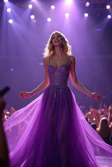 Generate a picture of Taylor Swift in purple colour glittery dress performing in a concert