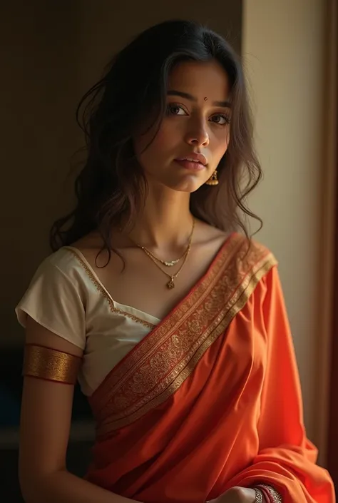 20 years old Marathi girl, nauvari sadi, cleavage soft lighting, transparent blouse 