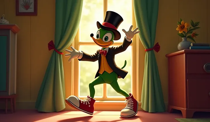 character Jiminy Cricket with a top hat on his head, a blazer, sneakers, green pants, entering through the window of a house