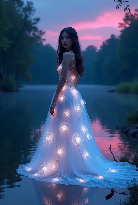 beautiful woman wearing an elegant dress made of bioluminescent plants, standing by the lake at night with a purple and blue sky in the background, trees on the other side of the water, a glowing light green dress, a white skin tone, detailed facial featur...