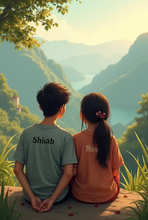 
Two lover sitting a sight and boy clothes name printed " SHIHAB" and girl name printed "MAYA