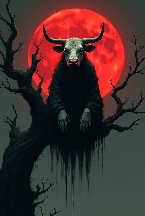 A gothic with a cows head sitting on a tree with a blood red moon behind her. 