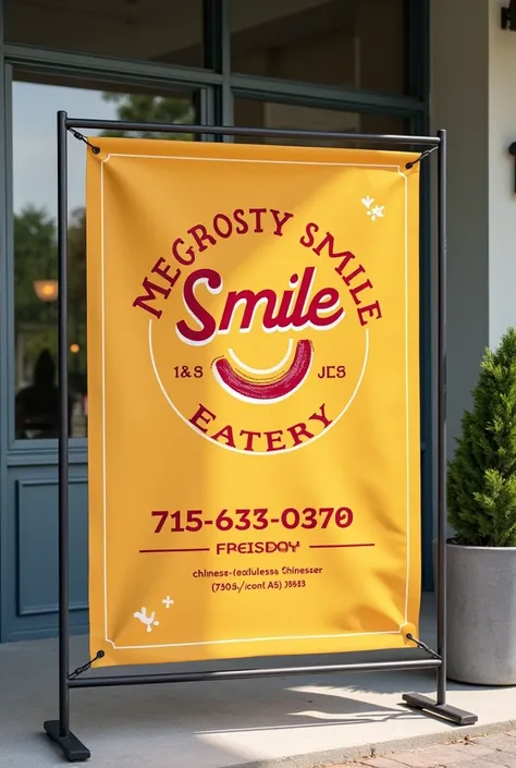 Banner plano que diga Megrosty Smile Eatery
 Address - 227 W Ridge Dr Oneida, Tennessee(TN),
37841
 Contact - +1(208)905-4140
 Mail Address -
megrostysmileeatery@gmail.com.