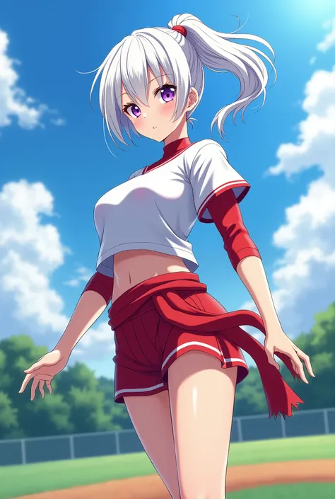 HD、Animation style、white hair 、Purple Eyes、girl、High school student 、single ponytail、Baseball player、Light color short sleeve top、Long sleeve red underwear、plump breasts、Good shape、Thin、sash、Sky、cloud、sunny、Baseball field