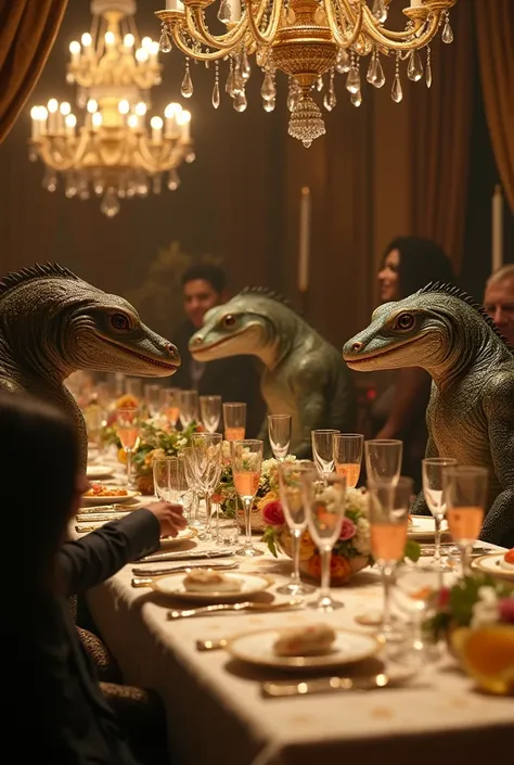 live action of a gala dinner with reptilians, including Queen Elizabeth, Reptile do mortal Kombat, singer alligator of é o tchan and Michael Jackson 