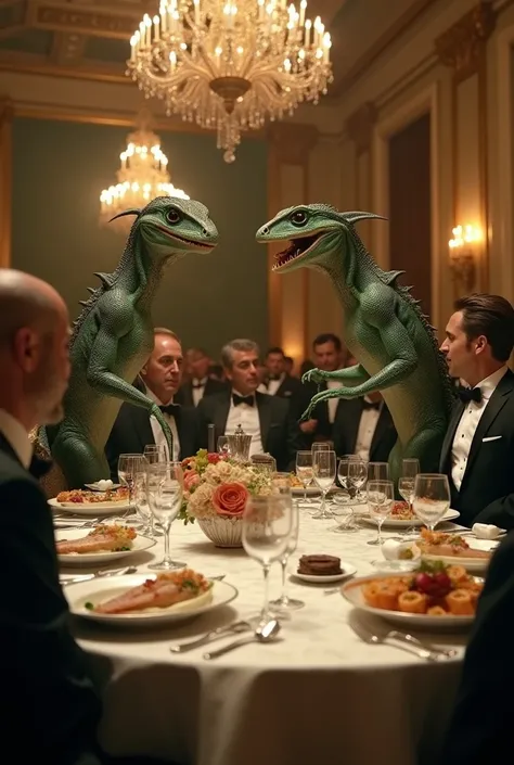 live action of a gala dinner with reptilians, including famous conspiracy theory references 