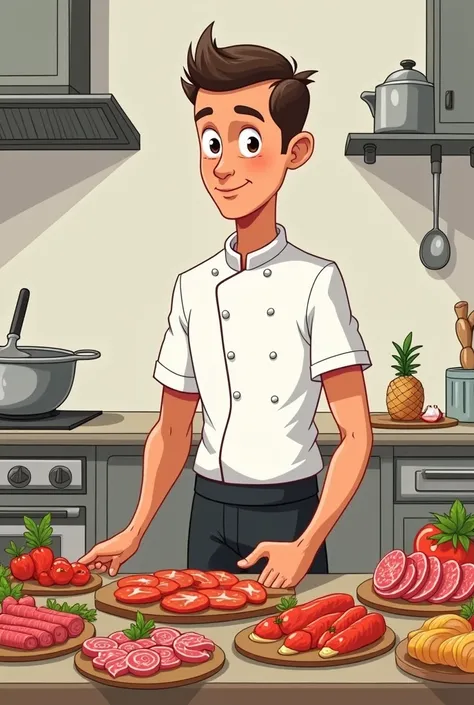 Skinny male chef short hair very short cartoon presenting cold cuts savory food cooking risoles
