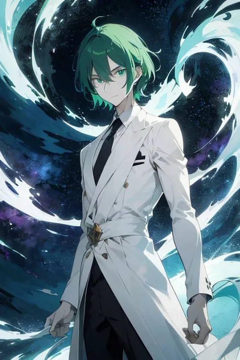 a tall, slender man with striking features. His hair is a vibrant shade of emerald green, and his eyes are a piercing blue. He wears a flowing white robe adorned with intricate energy symbols. His skin is a pale, almost ethereal white, reflecting his conne...