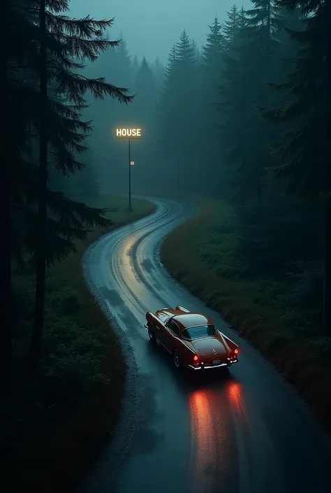 A view from the sky of a vintage car in a start and finish race with a sign " house " in a forest at night 