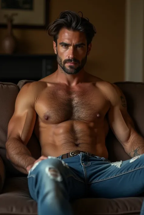 an italian man, 30years, bonitas, body hair, bare chest, jeans, sitting down, sofa, legs spread open
