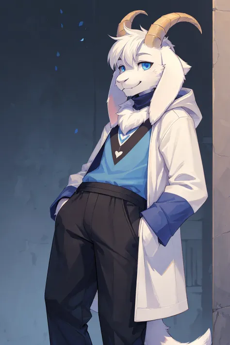 1boy, teenager, innocent, alone, Asriel, Undertale (Asriel Dreemurr), smile, 1Eskimo coat (blue coat, no drawing), tall, hairy, anthropomorphic, blue eyes (black blouse, black pants), goats paw, paw with pastern((short tail, anthropomorphic tail, short tai...