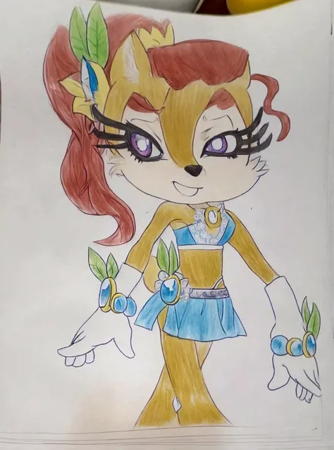 there is a drawing of a girl with a flower in her hand, fox from league of legends chibi, inspired by Leiko Ikemura, colored drawing, inspired by Daphne Fedarb, anya from spy x family, sonic oc, fox wearing a tiara, full color drawing, inspired by Leona Wo...