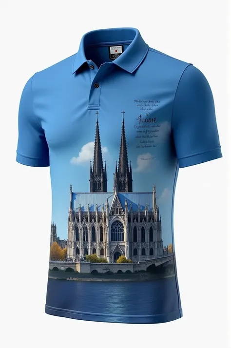 Make me a blue polo shirt with a tower of Reims and a verse about children 