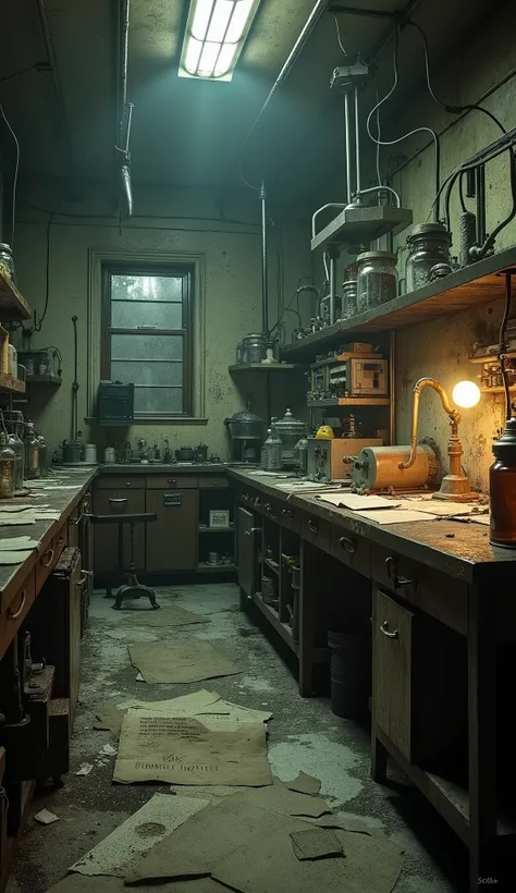 A cluttered lab filled with old papers, broken equipment, and strange machinery from the 1940s. Dust coats everything, but the eerie glow of a single flickering light bulb reveals medical equipment, jars filled with unknown substances, and papers talking a...