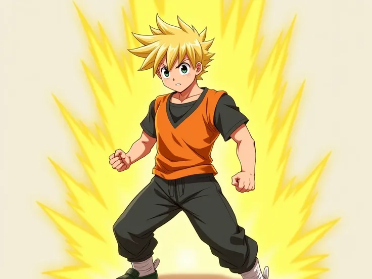 Anime. A boy who has blonde hair and is wearing an orange t-shirt with V-neck and has  black sleeves. Black pant. Black shoed. He is strong and got muscles. A yellow aura. 