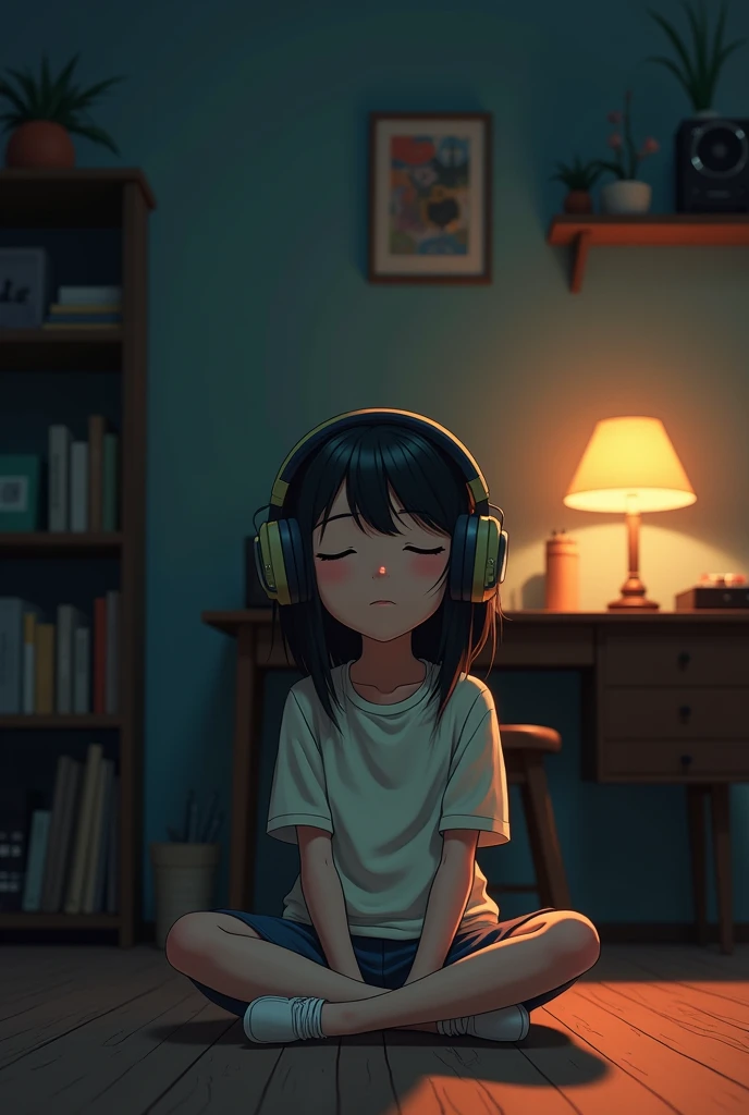 night、Girl listening to music in a cozy room, Using headphones, 2D-style animation, Lo-Fi, hard disk, Dark Environment