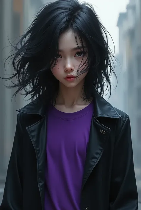 Boy with long black hair wearing purple t-shirt and black jacket 
