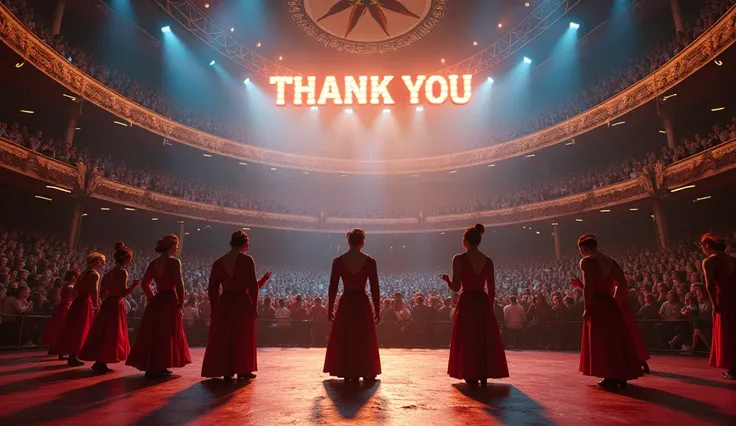 design cinematic circus pic of saying thank you written on it after program by bowing in circus around crowd