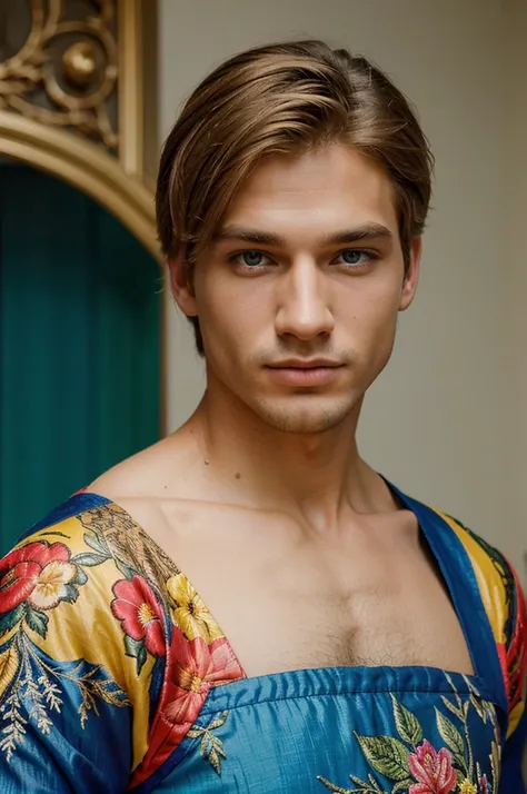 beautidul model men vibrant colors, photorealistic, masterpiece, portrait beautiful face, blond,, with dress over shoulders