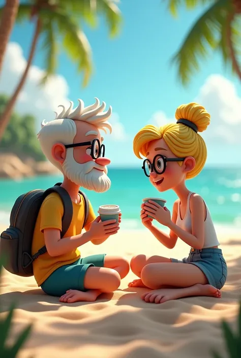 couple 6, the one with short white male hair,short beard, glasses. She blonde hair updo female, glasses de sol chaqueta y mochila, beach theme drinking coffee, a written text You owe me a coffee, 3D cartoon, Fantasy Art, masterpiece, High Definition, extre...