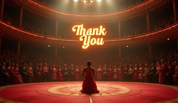 design cinematic circus pic of saying thank you written on it after program by bowing infront of crowd in circus around crowd