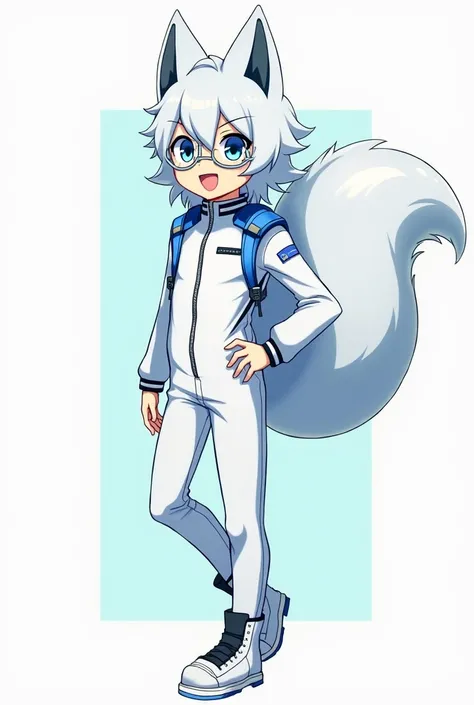 Anime boy with blue eyes, in a pilot&#39;s suit, circular lenses, white with blue, with super fluffy tail 