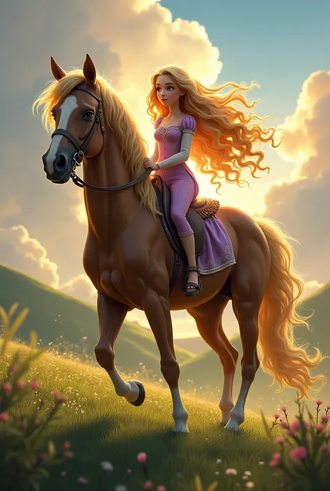 Rapunzel on a horse with curly hair