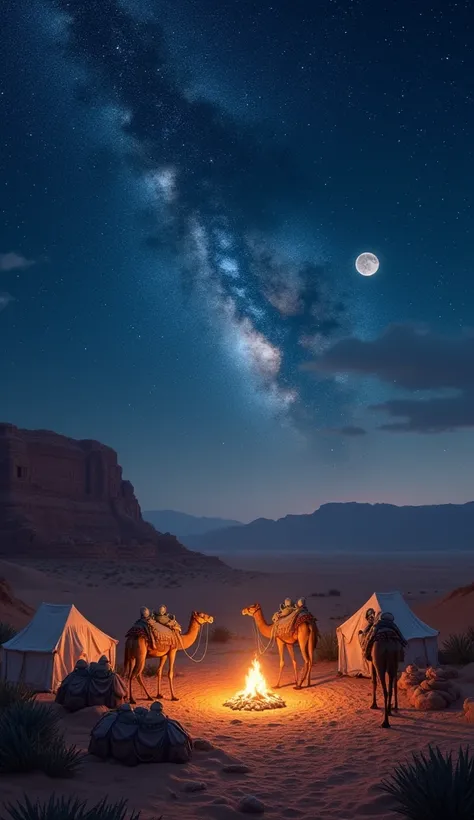 a beautiful night sky over an ancient desert, a small campfire, a resting caravan on the desert, (best quality,4k,8k,highres,masterpiece:1.2),ultra-detailed,(realistic,photorealistic,photo-realistic:1.37),beautiful night sky,stunning stars,milky way,vast d...