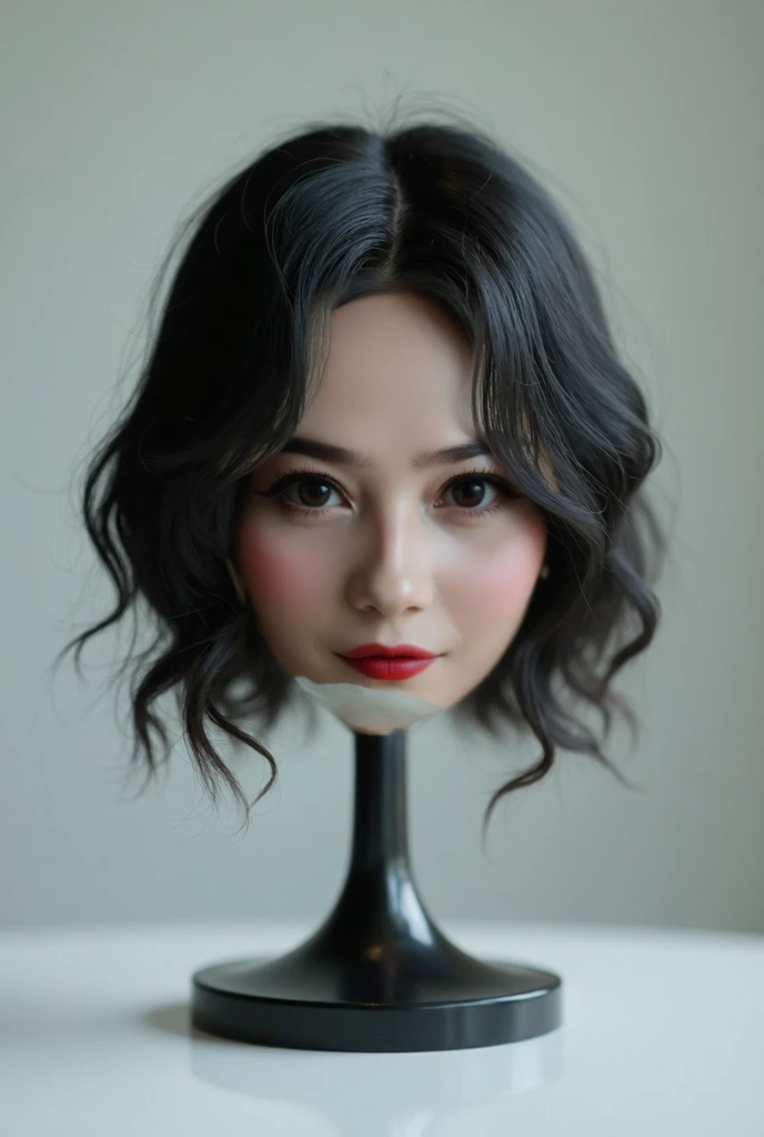 (realistic,photo-realistic:1.4), (masterpiece, best quality:1.2), RAW photo, high resolution, intricate details, extremely detailed, cinematic lighting, (disembodied head on table stand:1.5), solo, a Japanese woman, dark hair, (detailed face, beautiful det...