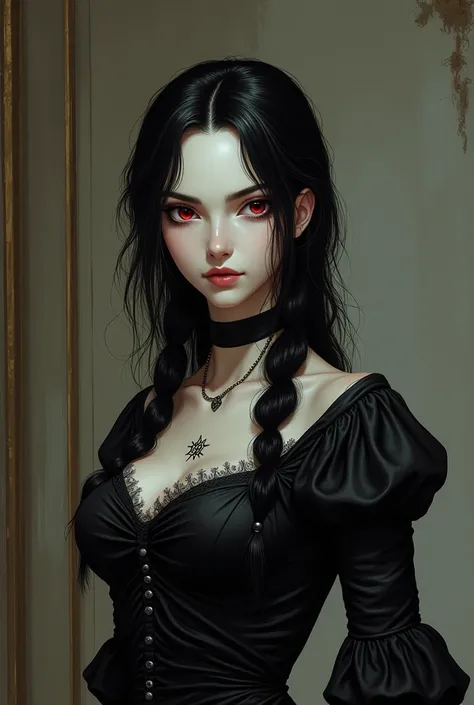 (panorama) In a realistic style. Przedstawienie całej postaci z dużymi cyckami, In a serious comic book style. Lisa Dimitrescu is a young, but an immortal vampire. There is a small pentagram on her collarbone.. Lisa is 168 cm tall and looks like a typical ...